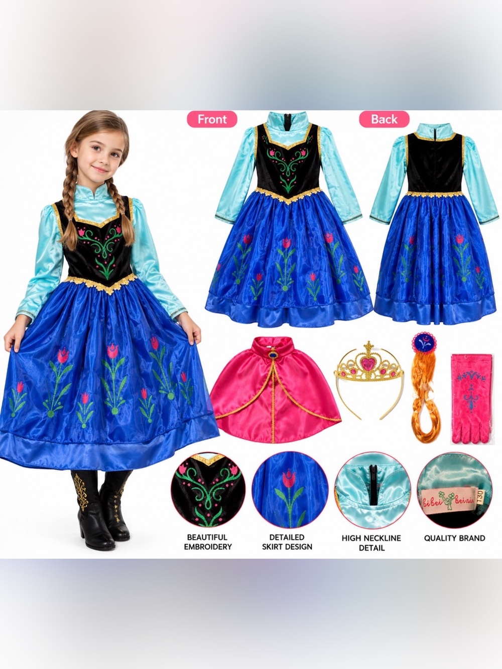 Girls Ice Princess Costume Dress Size 130 Blue Floral Cape Tiara Halloween